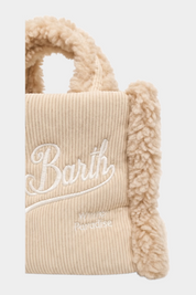 Borsa a mano Follower SRL Vanity Mini in velluto a coste avorio con dettagli in morbido effetto shearling e logo