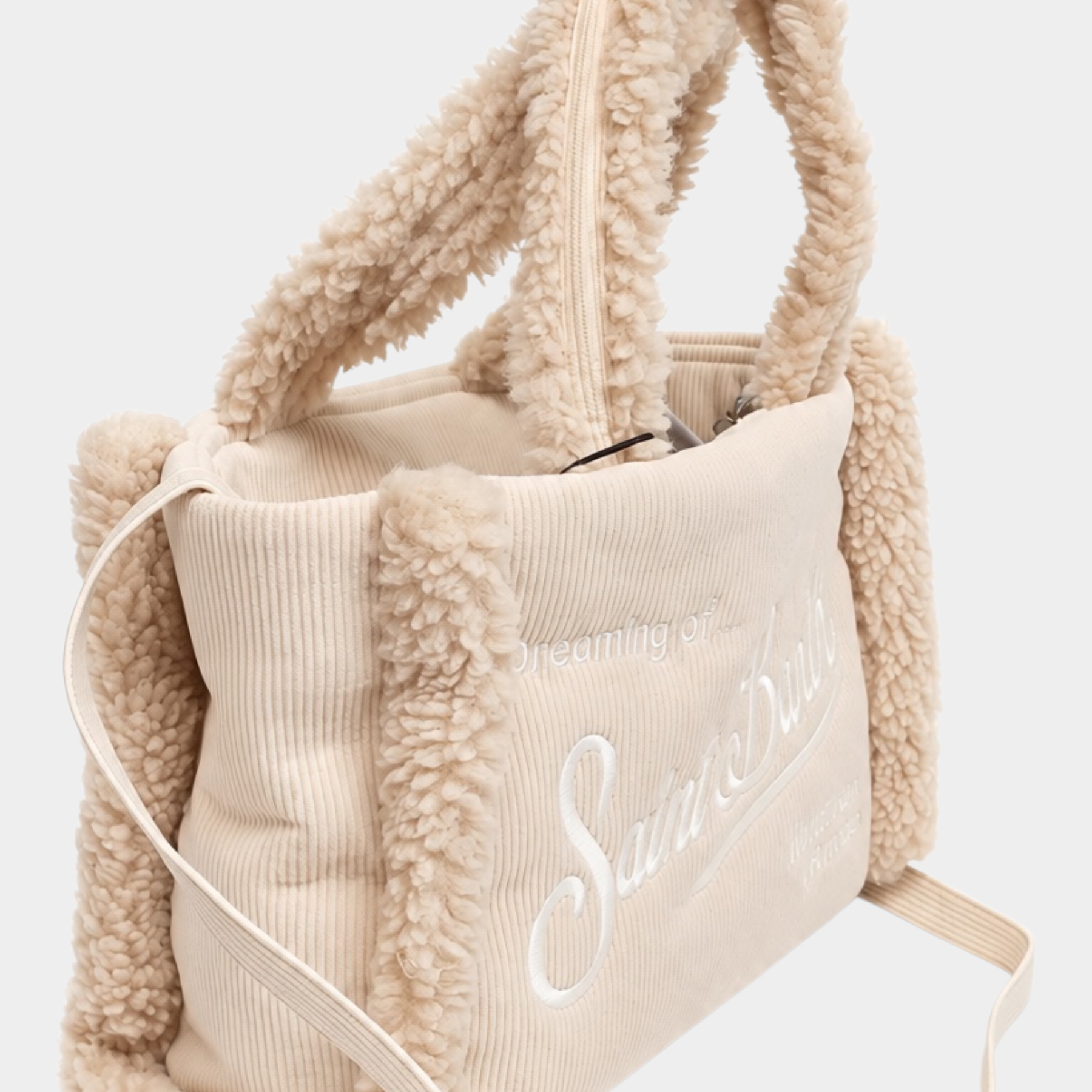 Borsa a mano Follower SRL MC2 Saint Barth Colette color avorio in velluto a coste con dettagli effetto shearling