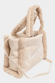 Borsa a mano Follower SRL MC2 Saint Barth Colette color avorio in velluto a coste con dettagli effetto shearling