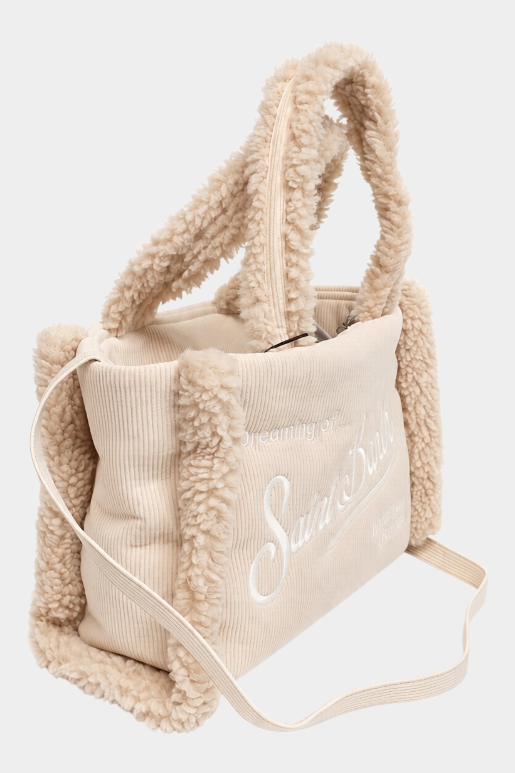 Borsa a mano Follower SRL MC2 Saint Barth Colette color avorio in velluto a coste con dettagli effetto shearling