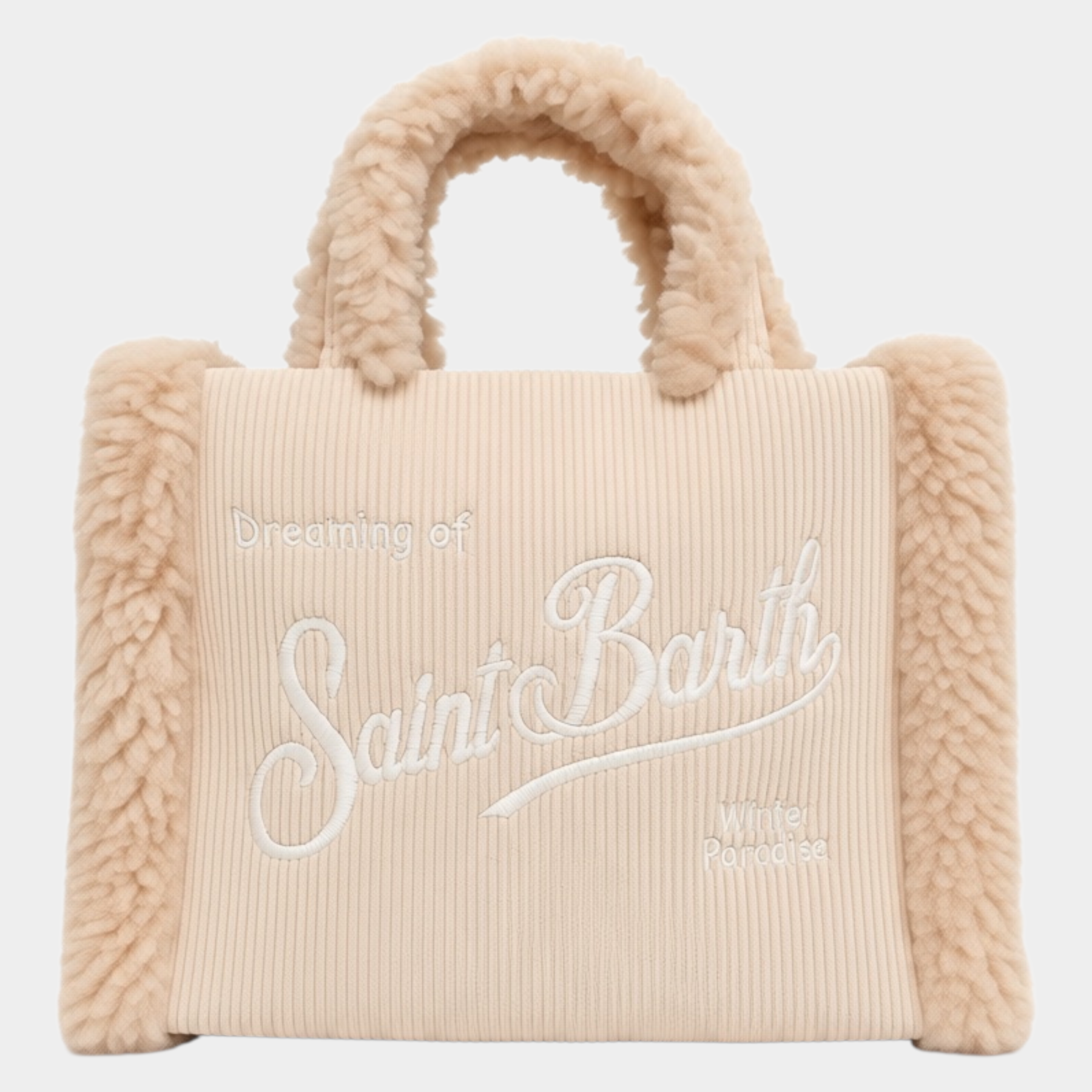 Borsa a mano Follower SRL Vanity Mini color avorio in velluto a coste con dettagli in morbido effetto shearling