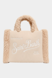 Borsa a mano Follower SRL Vanity Mini color avorio in velluto a coste con dettagli in morbido effetto shearling