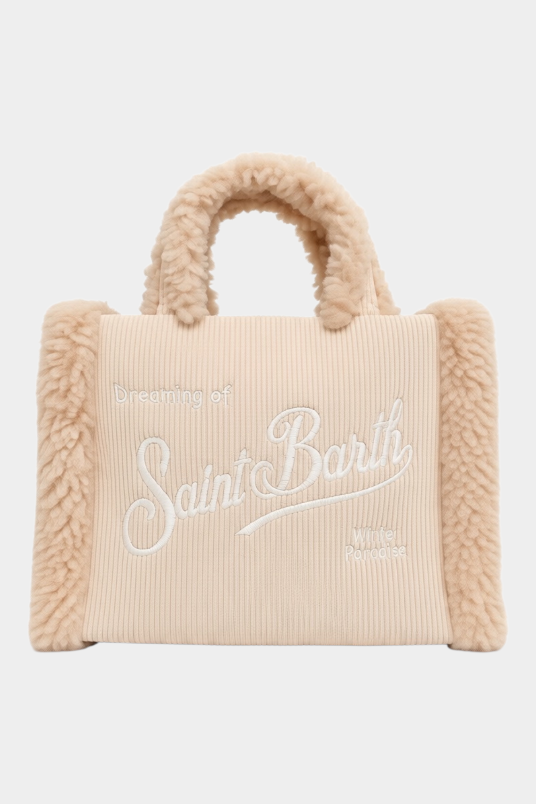 Borsa a mano Follower SRL Vanity Mini color avorio in velluto a coste con dettagli in morbido effetto shearling