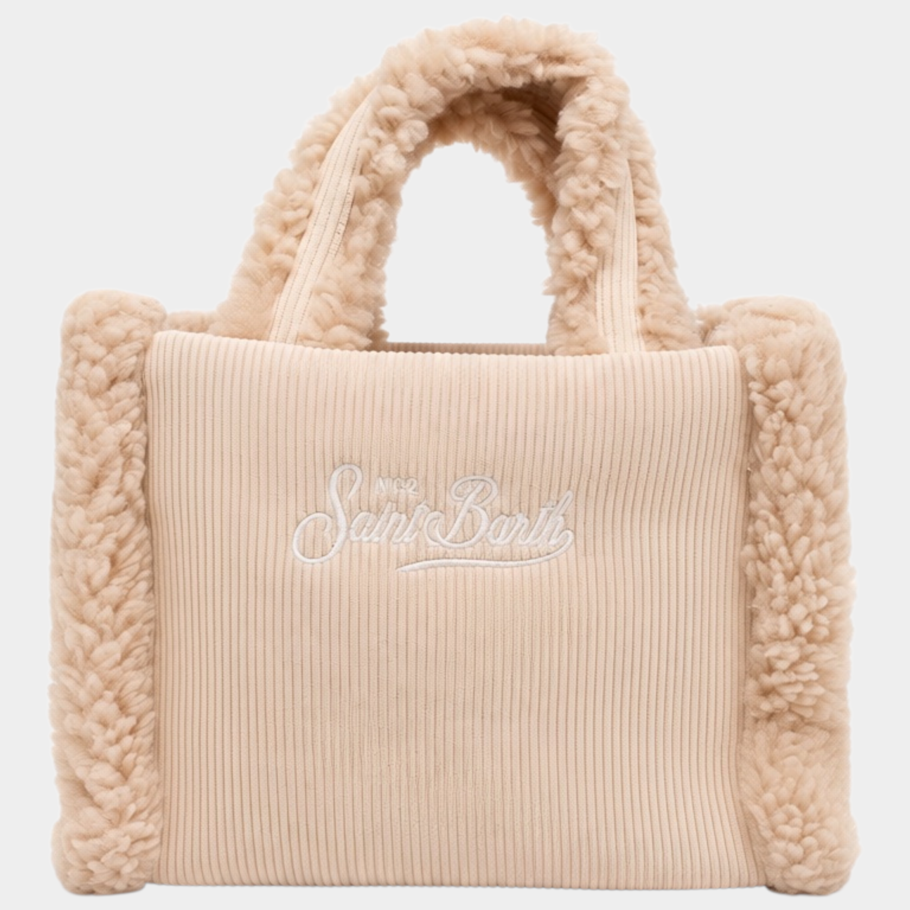 Borsa a mano Follower SRL Vanity Mini color avorio in velluto a coste con dettagli in morbido effetto shearling