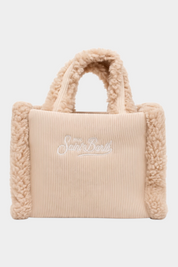 Borsa a mano Follower SRL Vanity Mini color avorio in velluto a coste con dettagli in morbido effetto shearling
