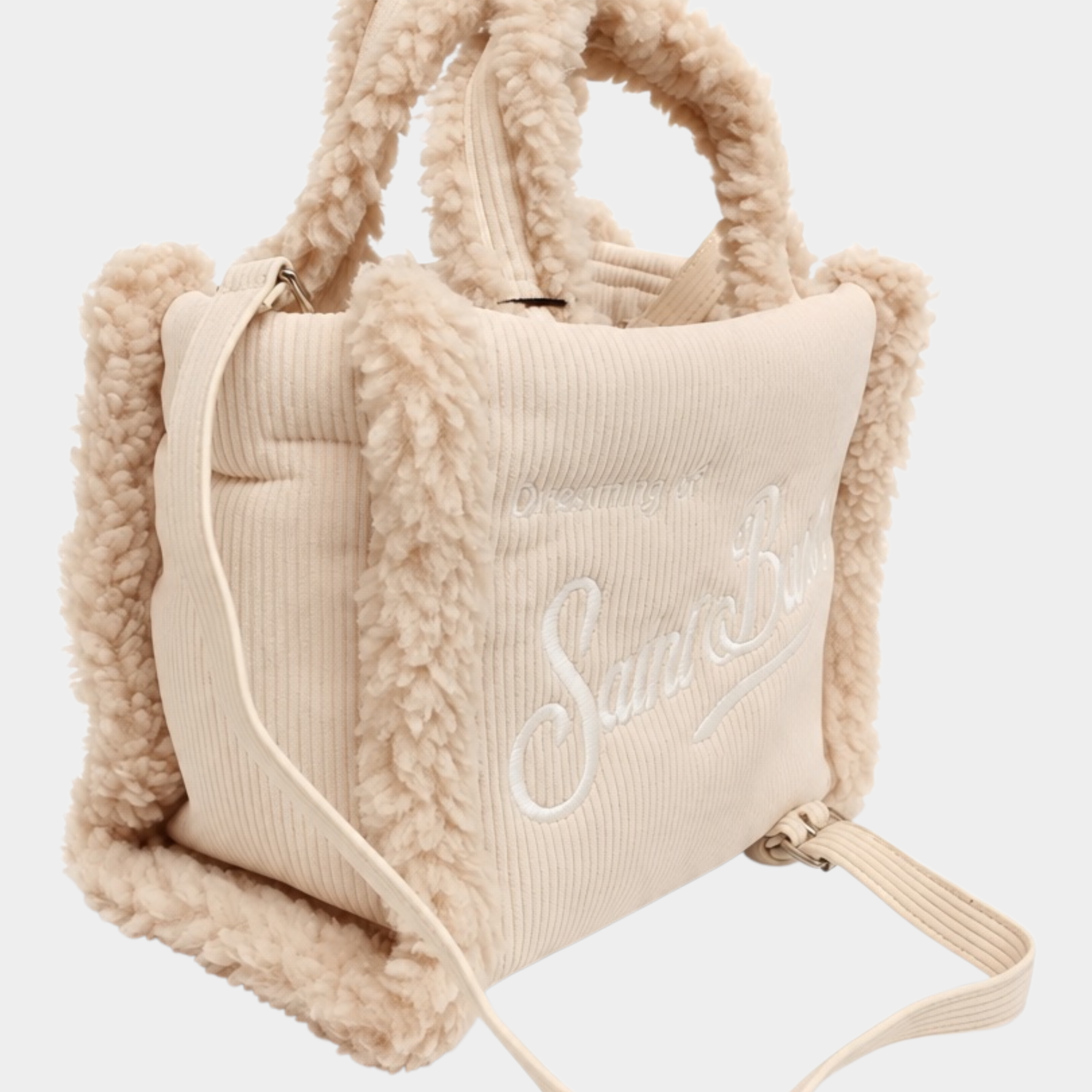 Borsa a mano Follower SRL Vanity Mini color avorio in velluto a coste con dettagli in morbido effetto shearling