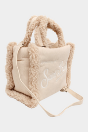 Borsa a mano Follower SRL Vanity Mini color avorio in velluto a coste con dettagli in morbido effetto shearling