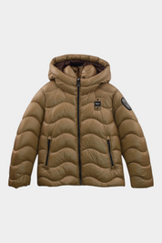 Giubbino trapuntato Follower SRL Blauer per bambina color bronzo con cappuccio, zip nera e patch logo glitterato