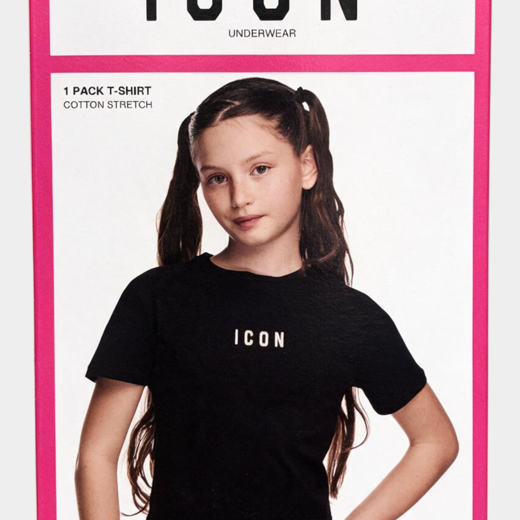 T-shirt nera in cotone elasticizzato per bambina con logo ICON, confezione Follower SRL