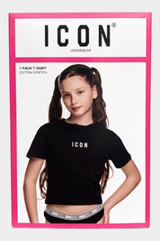 T-shirt nera in cotone elasticizzato per bambina con logo ICON, confezione Follower SRL