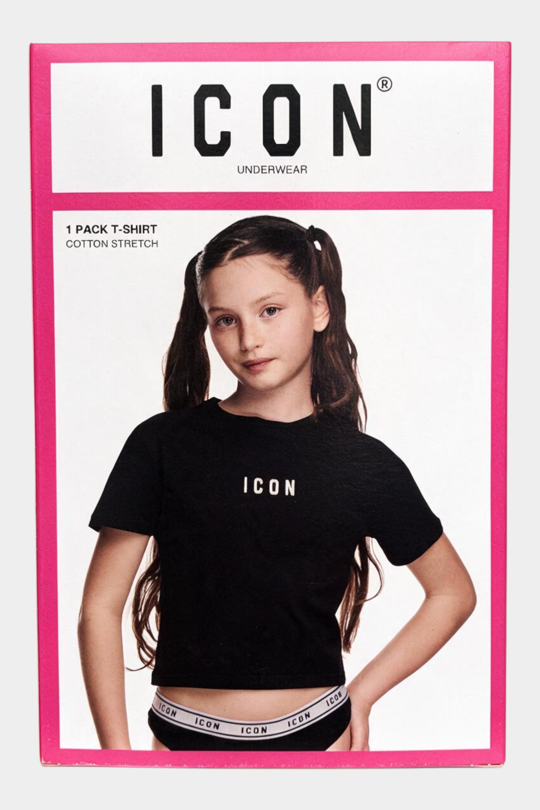 T-shirt nera in cotone elasticizzato per bambina con logo ICON, confezione Follower SRL