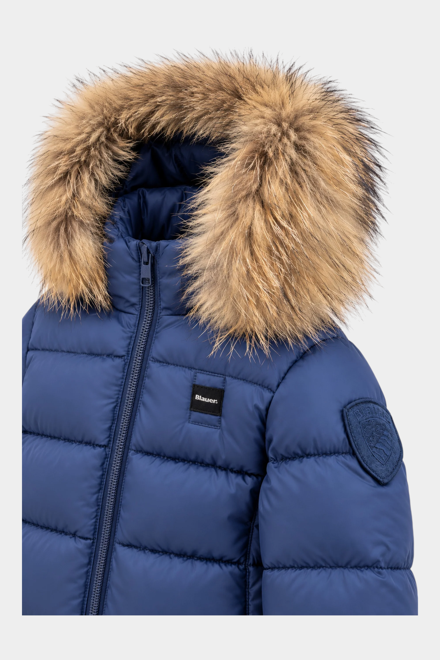 Giubbino unisex Follower SRL Amory blu trapuntato con cappuccio e bordo in pelliccia sintetica