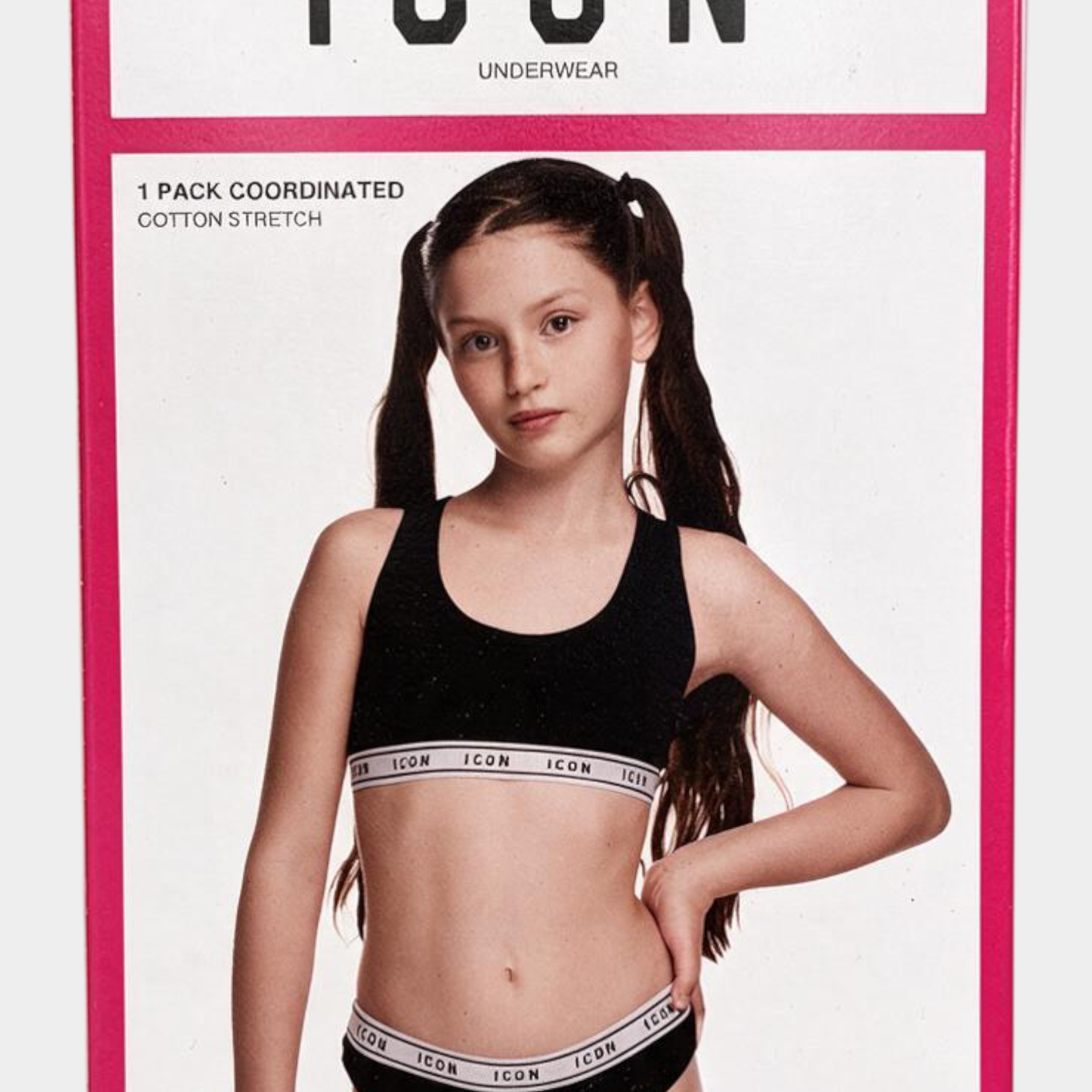 Set intimo Follower SRL per bambina composto da top e slip neri in cotone elasticizzato con logo ICON sulla fascia