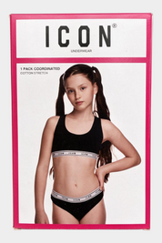 Set intimo Follower SRL per bambina composto da top e slip neri in cotone elasticizzato con logo ICON sulla fascia