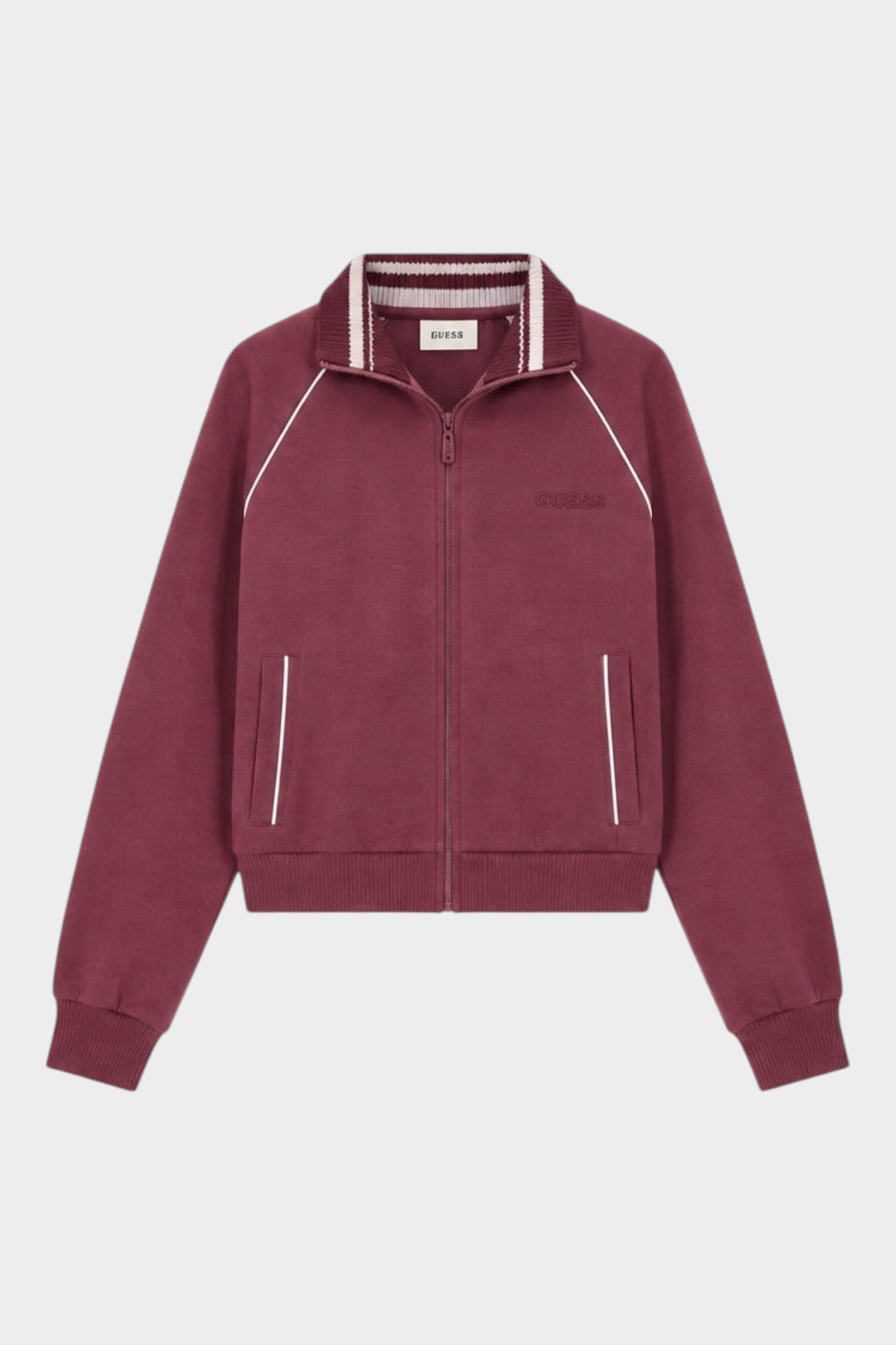 Felpa full zip Follower SRL GUESS bordeaux con colletto a coste e profili bianchi a contrasto
