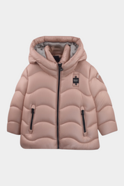 Giubbino trapuntato rosa Follower SRL per bambina con cappuccio, zip nere e logo glitterato sul petto