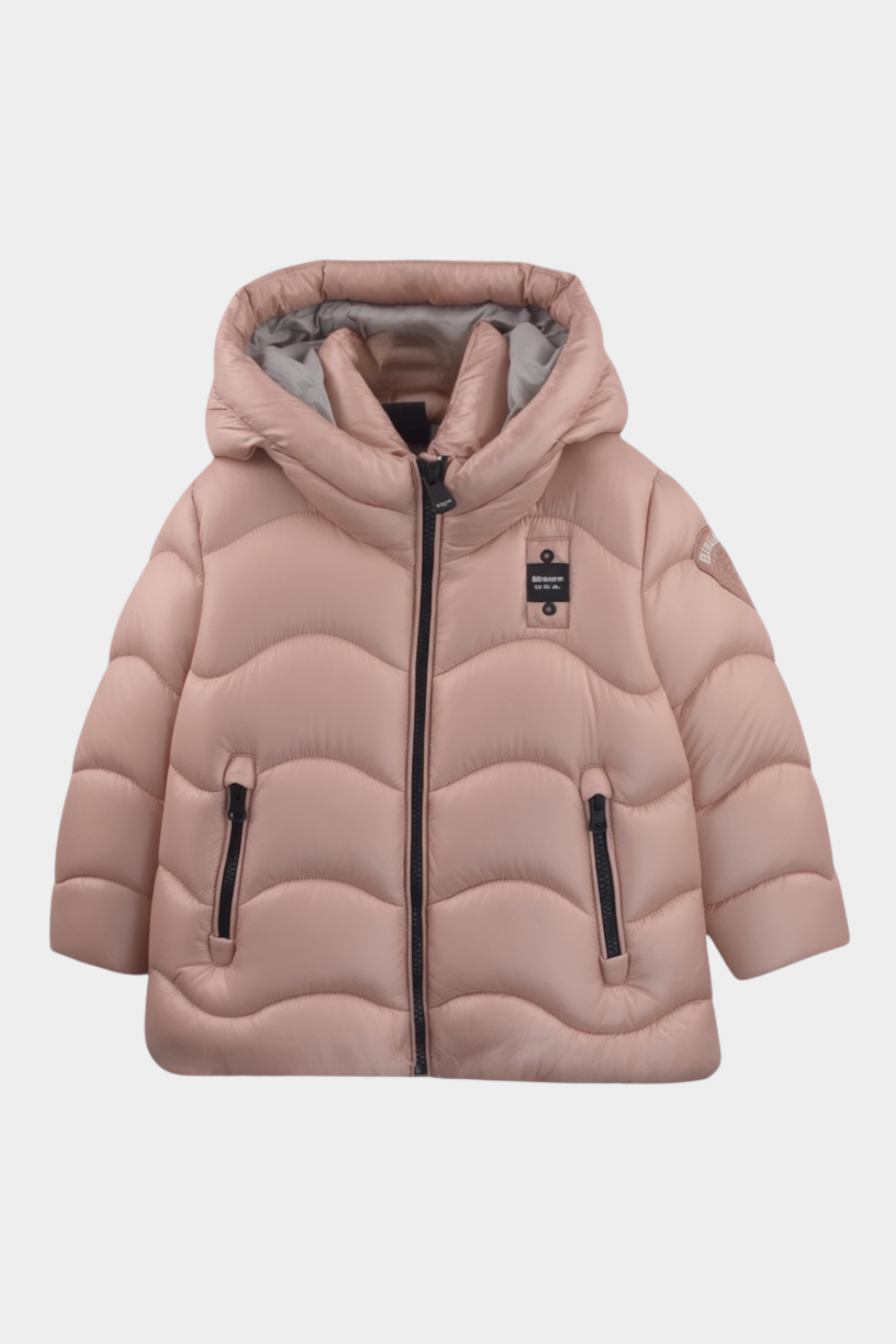 Giubbino trapuntato rosa Follower SRL per bambina con cappuccio, zip nere e logo glitterato sul petto