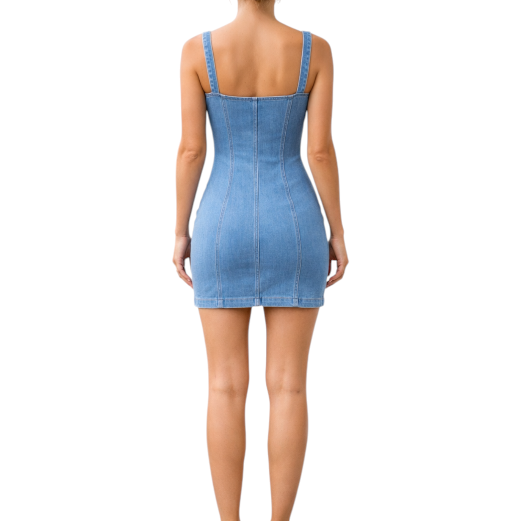 Abito in denim donna blu guess jeans vista posteriore con mini dress aderente, lavaggio chiaro e spalline sottili