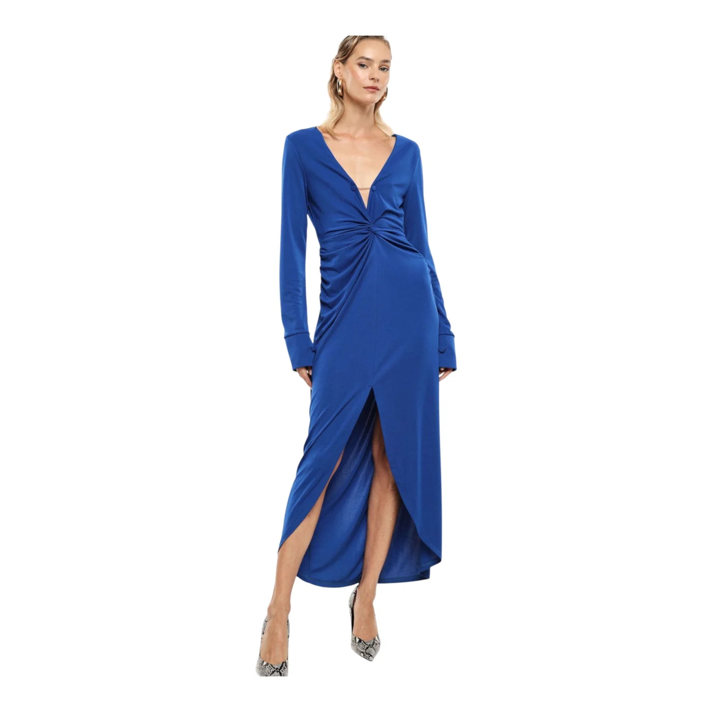 Abito lungo arricciato con spacco frontale donna blu imperial - abiti