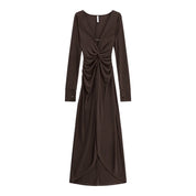 Abito lungo arricciato con spacco frontale donna marrone imperial - abiti