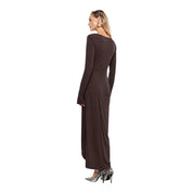 Abito lungo arricciato con spacco frontale donna marrone imperial - abiti