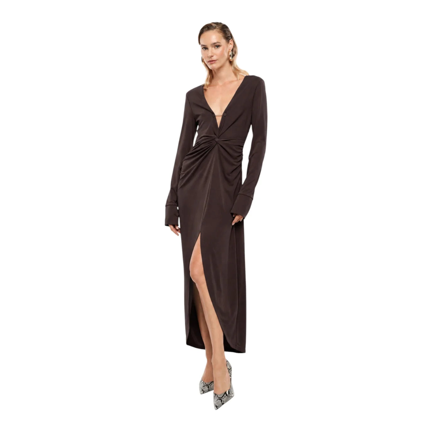 Abito lungo arricciato con spacco frontale donna marrone imperial - abiti