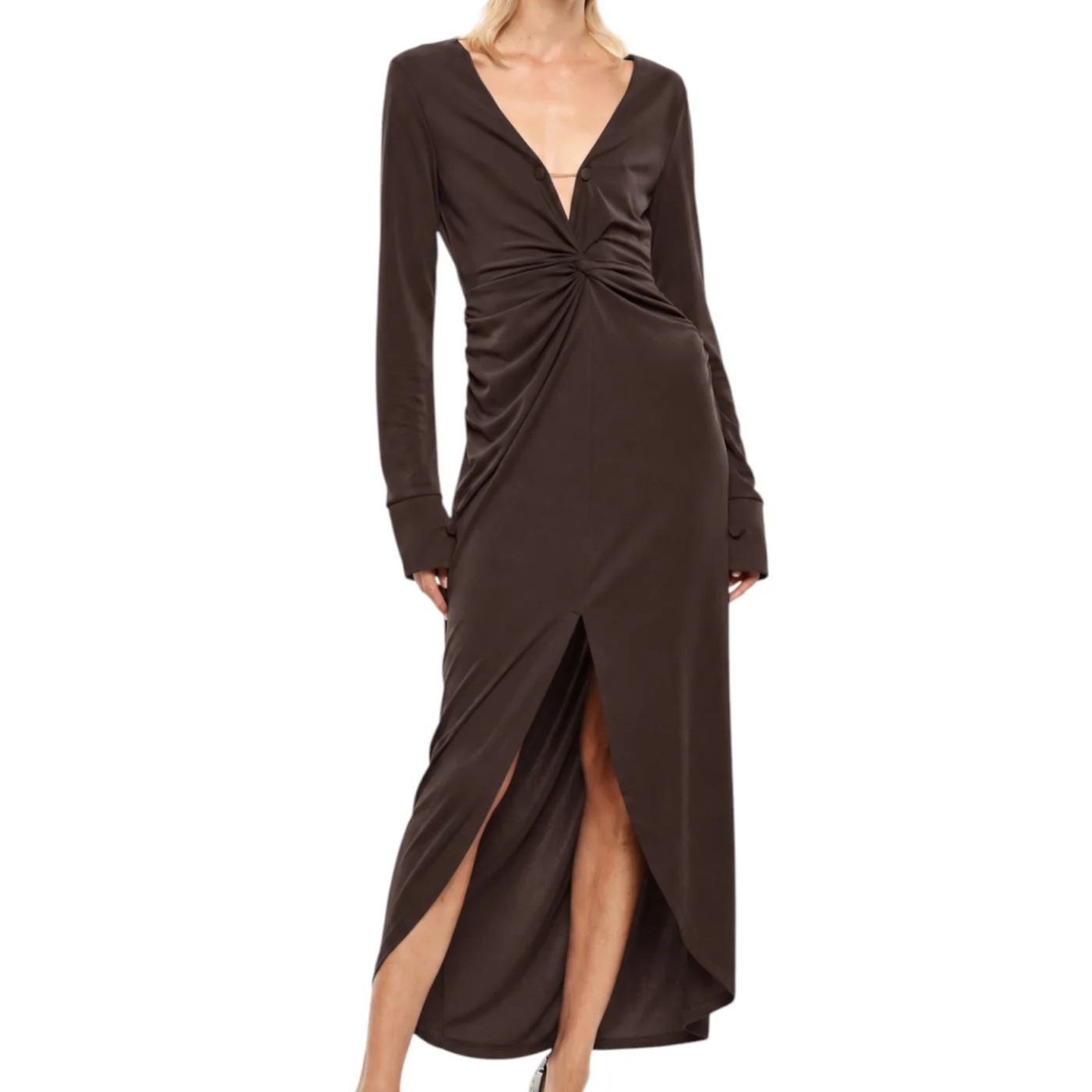 Abito lungo arricciato con spacco frontale donna marrone imperial - abiti