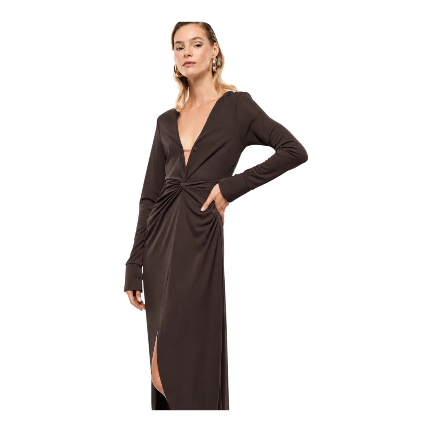 Abito lungo arricciato con spacco frontale donna marrone imperial - abiti