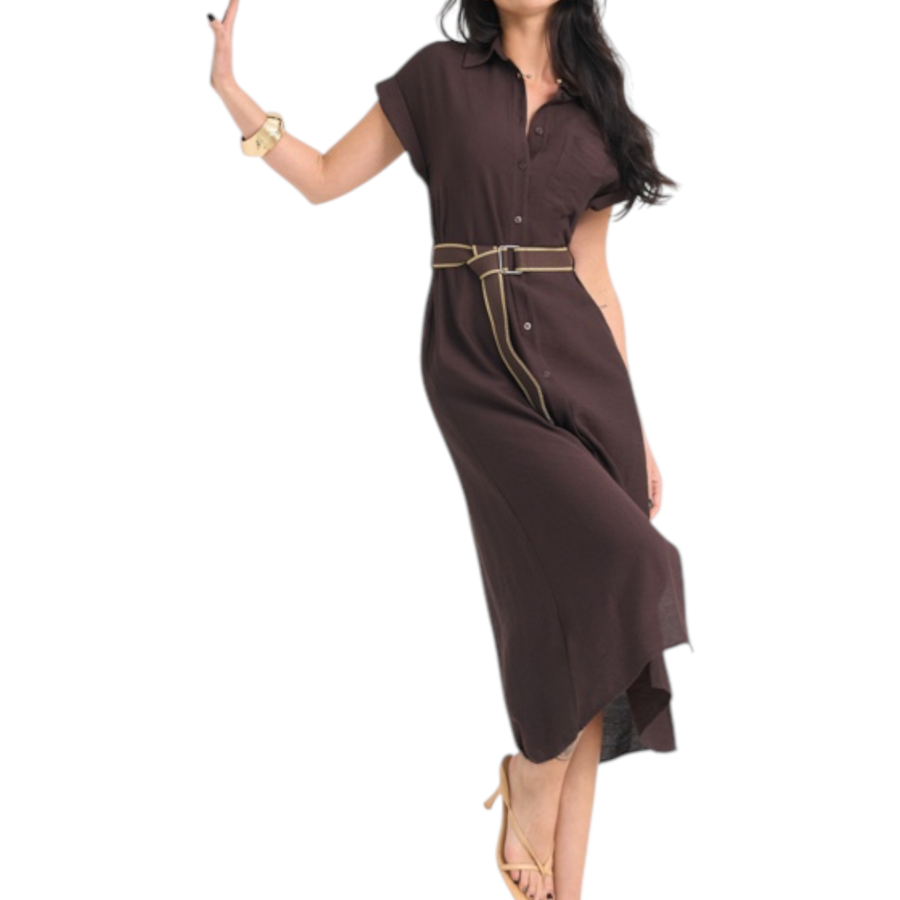 Abito lungo donna marrone pdk in tessuto con bottoni, vita arricciata e zip laterale sottile