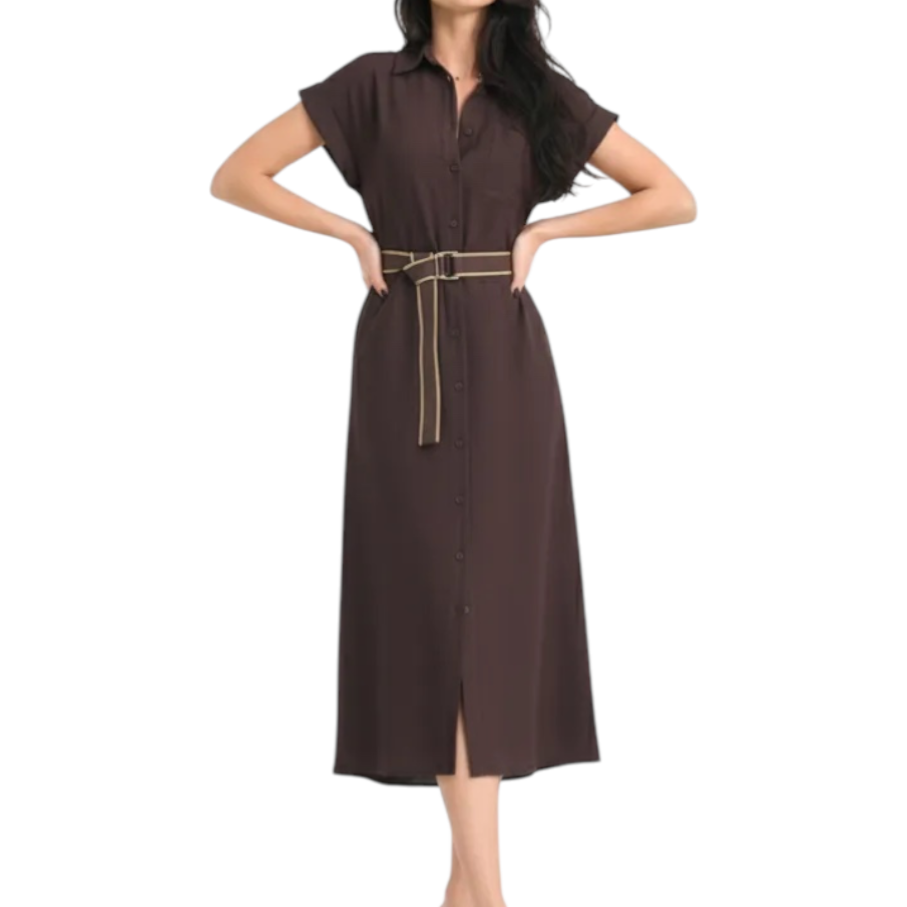 Abito lungo donna marrone pdk in tessuto scuro con maniche corte e bottoni sul davanti di lunghezza media