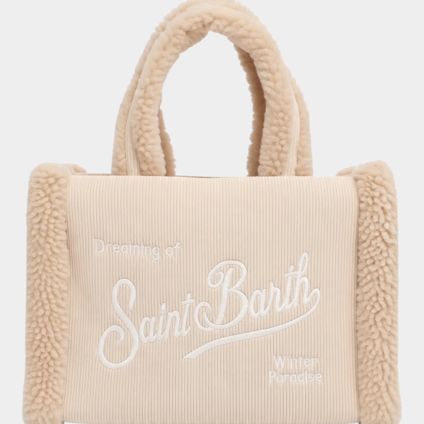 Borsa a mano Follower SRL Colette in velluto a coste avorio con dettagli effetto shearling e logo ricamato frontale