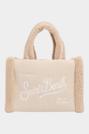 Borsa a mano Follower SRL Colette in velluto a coste avorio con dettagli effetto shearling e logo ricamato frontale