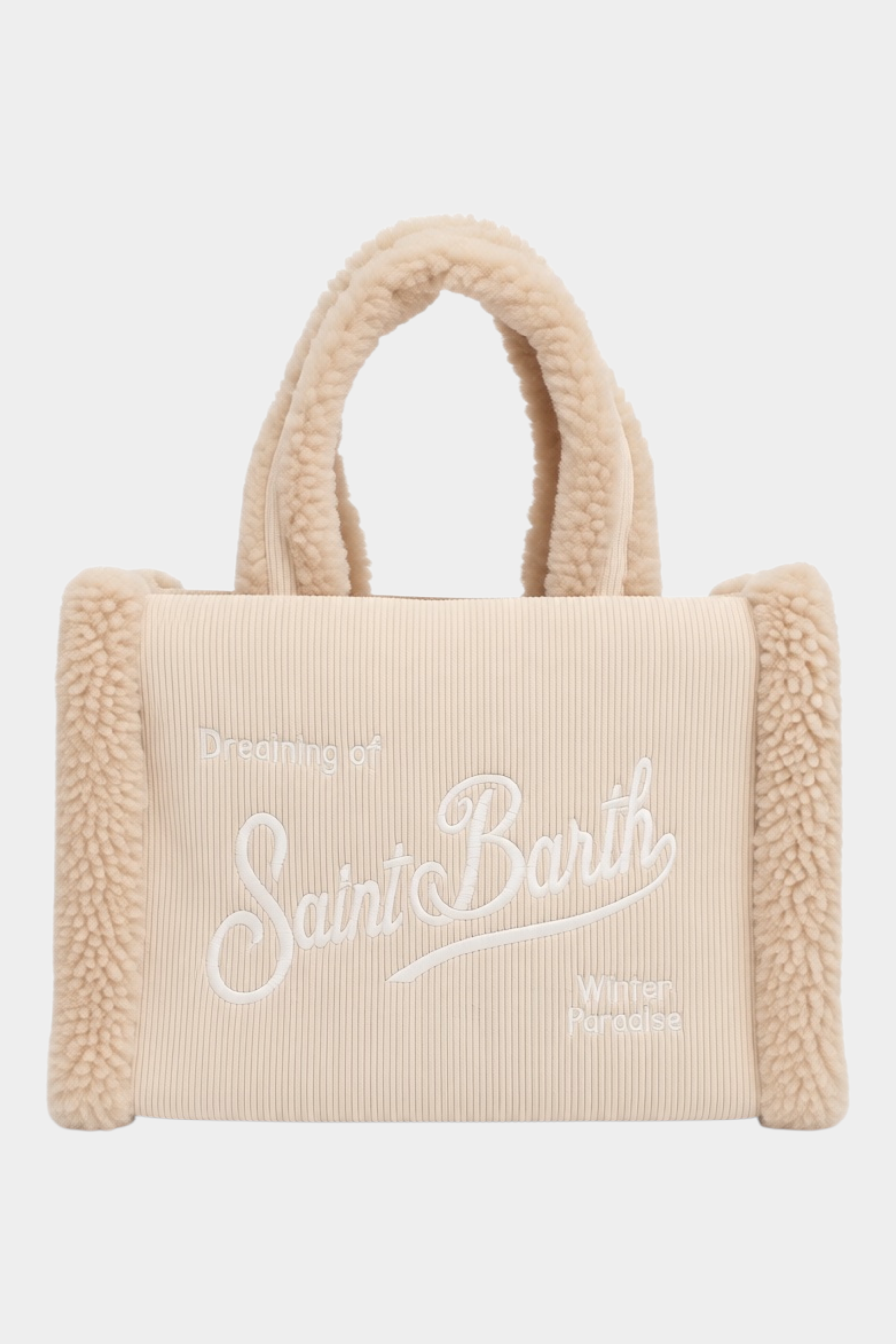 Borsa a mano Follower SRL Colette in velluto a coste avorio con dettagli effetto shearling e logo ricamato frontale