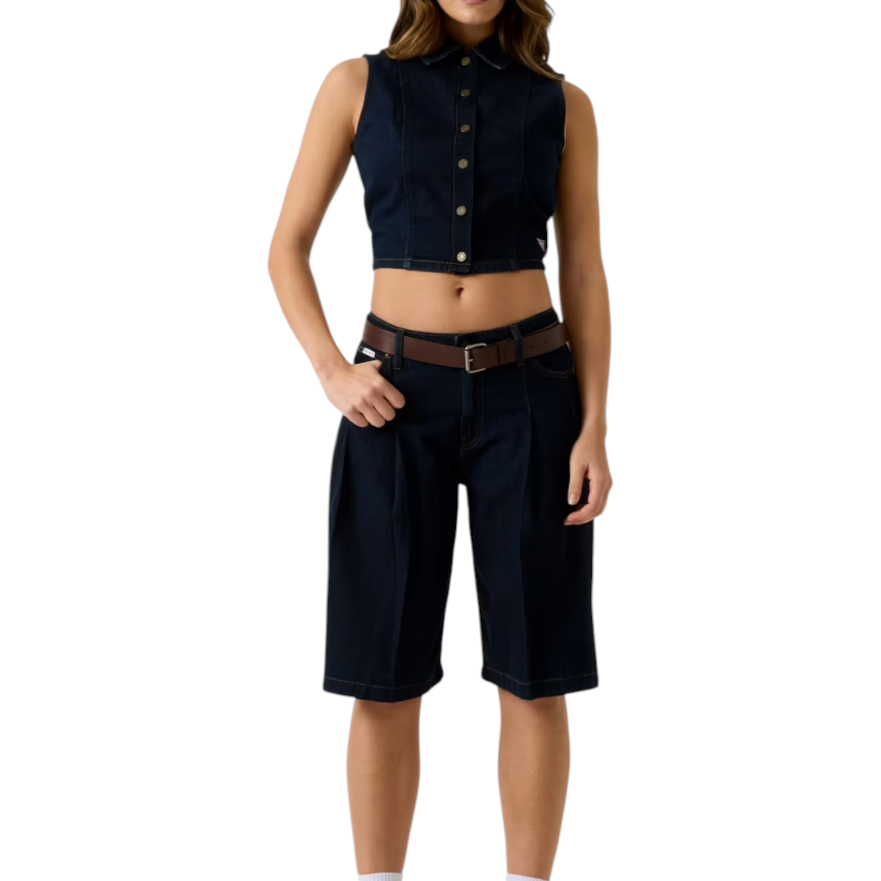 Top corto in denim blu navy senza maniche con bottoni frontali e colletto guess jeans donna