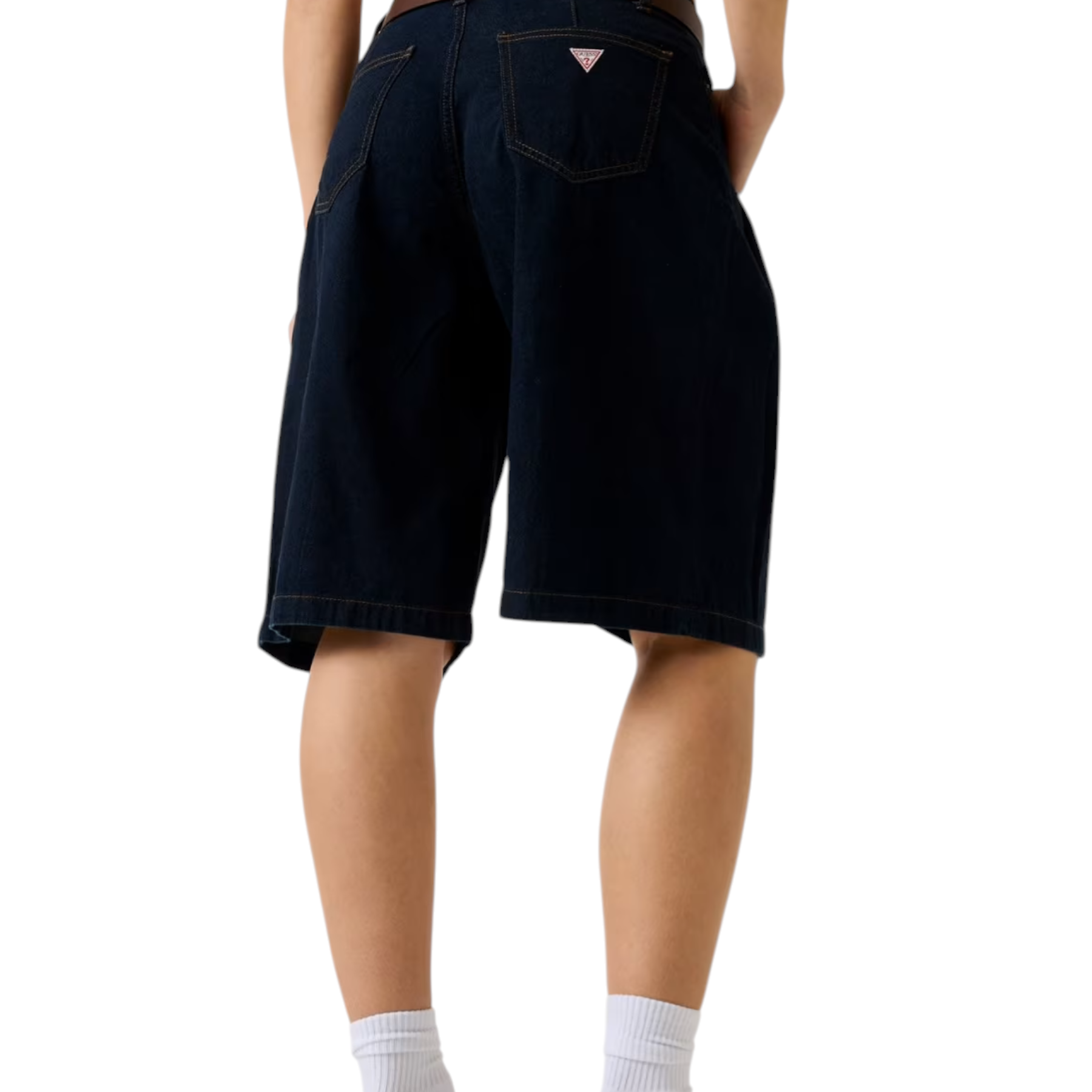 Bersa in denim plissettato donna blu con cintura marrone e logo rosa triangolare sulla tasca posteriore vista retro