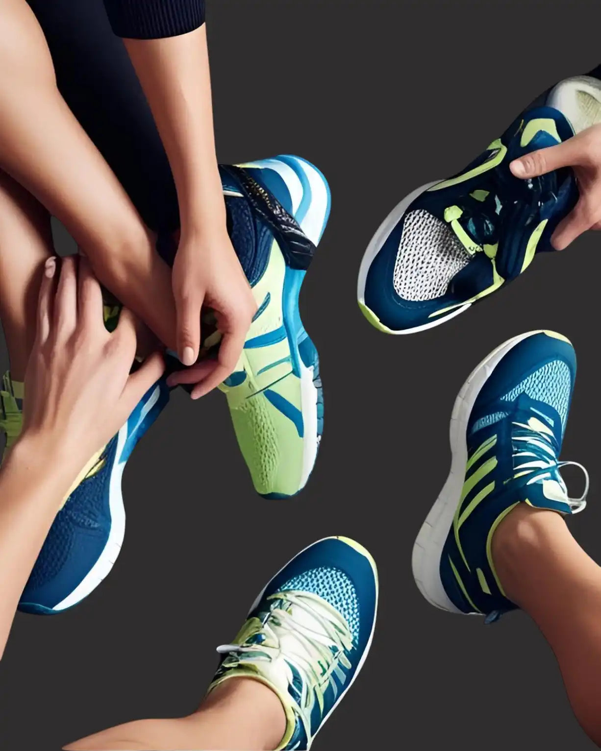 Scarpe da running blu e verdi con suola bianca, materiale superiore in mesh.