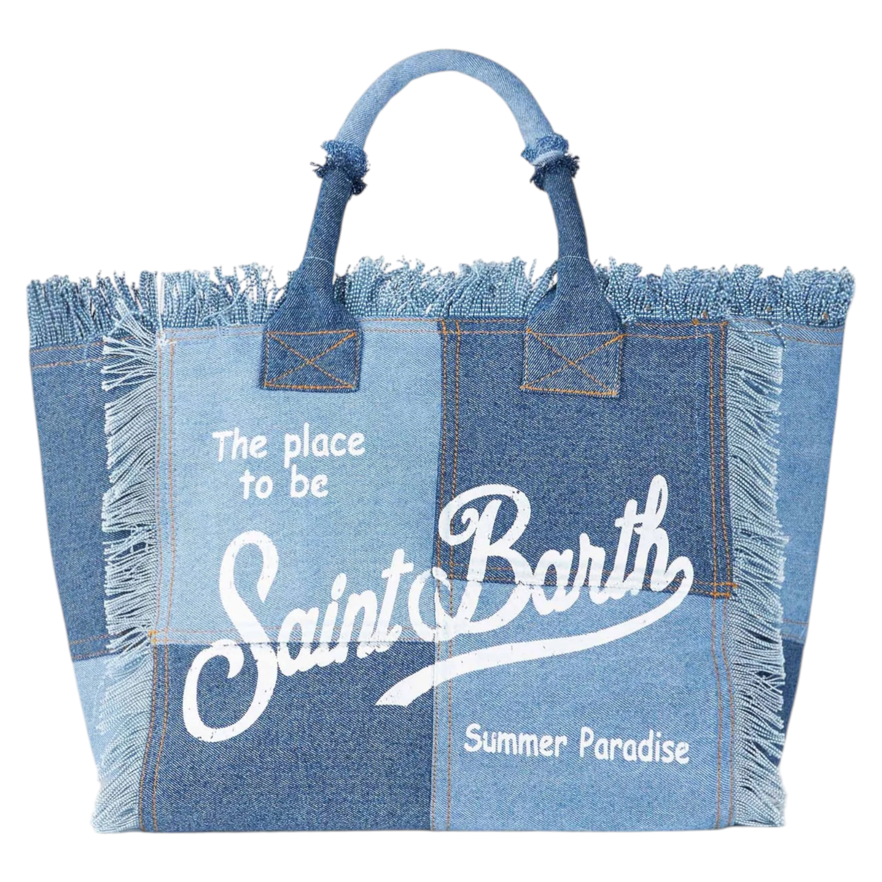 Borsa a spalla colette in canvas denim azzurro con scritta bianca ricamata e bordi sfrangiati di mc2 saint barth