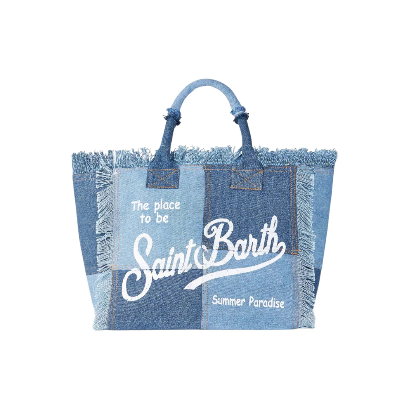 Borsa a spalla colette in canvas denim azzurro con scritta bianca ricamata e bordi sfrangiati di mc2 saint barth