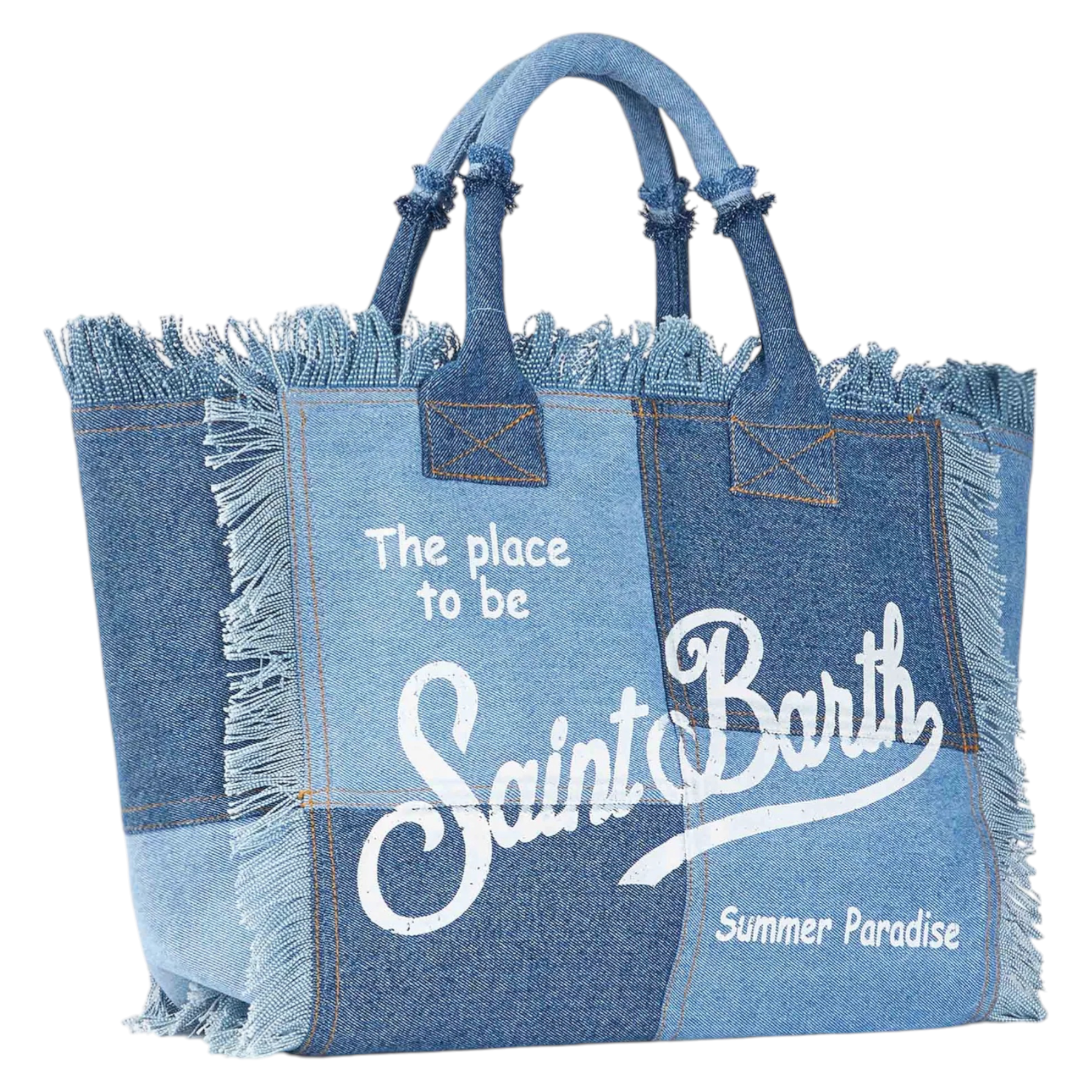 Borsa a spalla Colette in canvas denim patchwork azzurro con bordi sfrangiati e scritta ricamata bianca MC2 Saint Barth