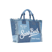 Borsa a spalla Colette in canvas denim patchwork azzurro con bordi sfrangiati e scritta ricamata bianca MC2 Saint Barth