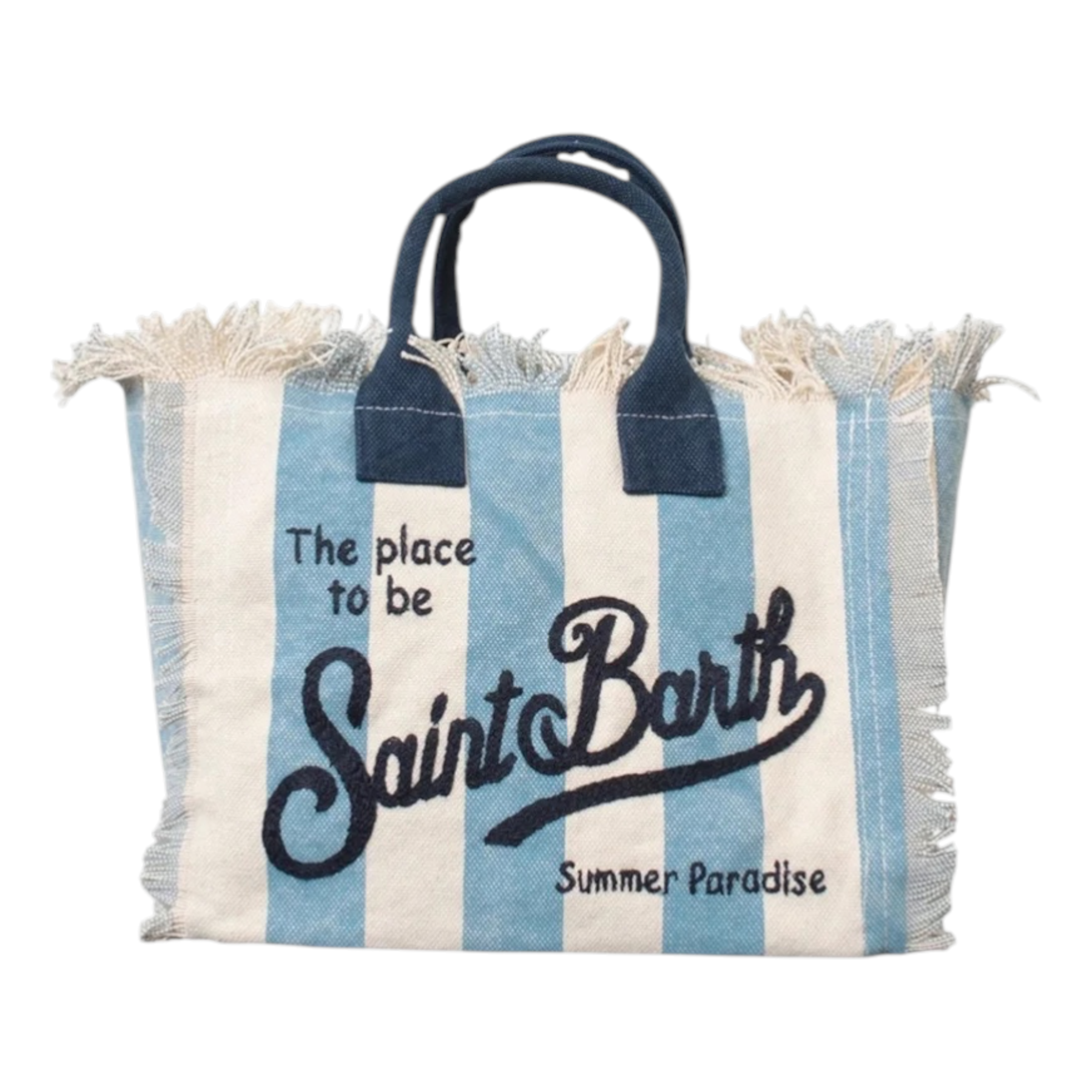 Borsa a spalla colette in canvas a righe azzurro con manici blu navy frastagliati e scritta saint barth summer paradise