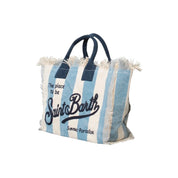 Borsa a spalla colette in canvas a righe blu e bianco con manici navy e ricamo the place to be saint barth summer paradise