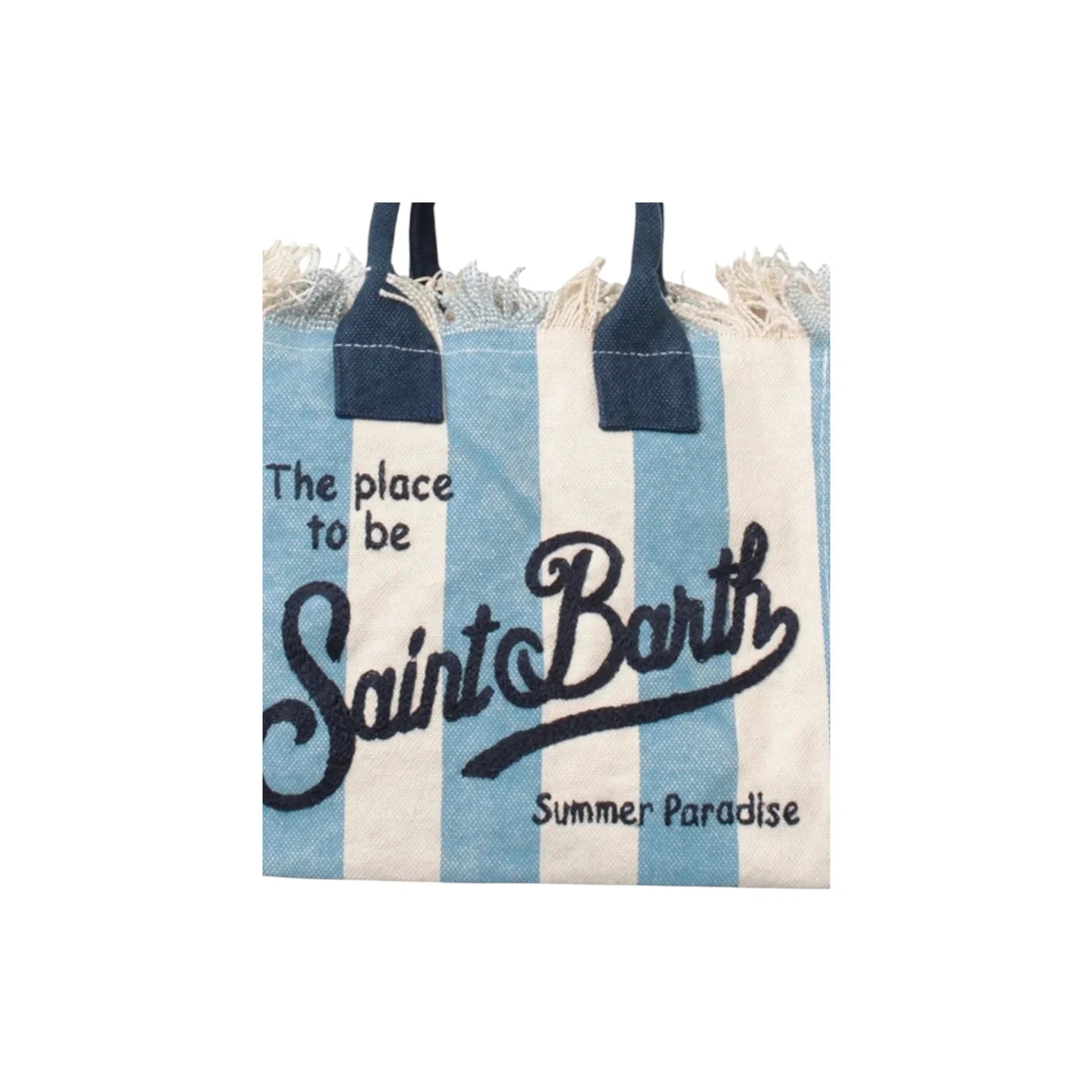 Borsa a spalla colette in canvas a righe azzurro con manici blu e ricamo saint barth summer paradise