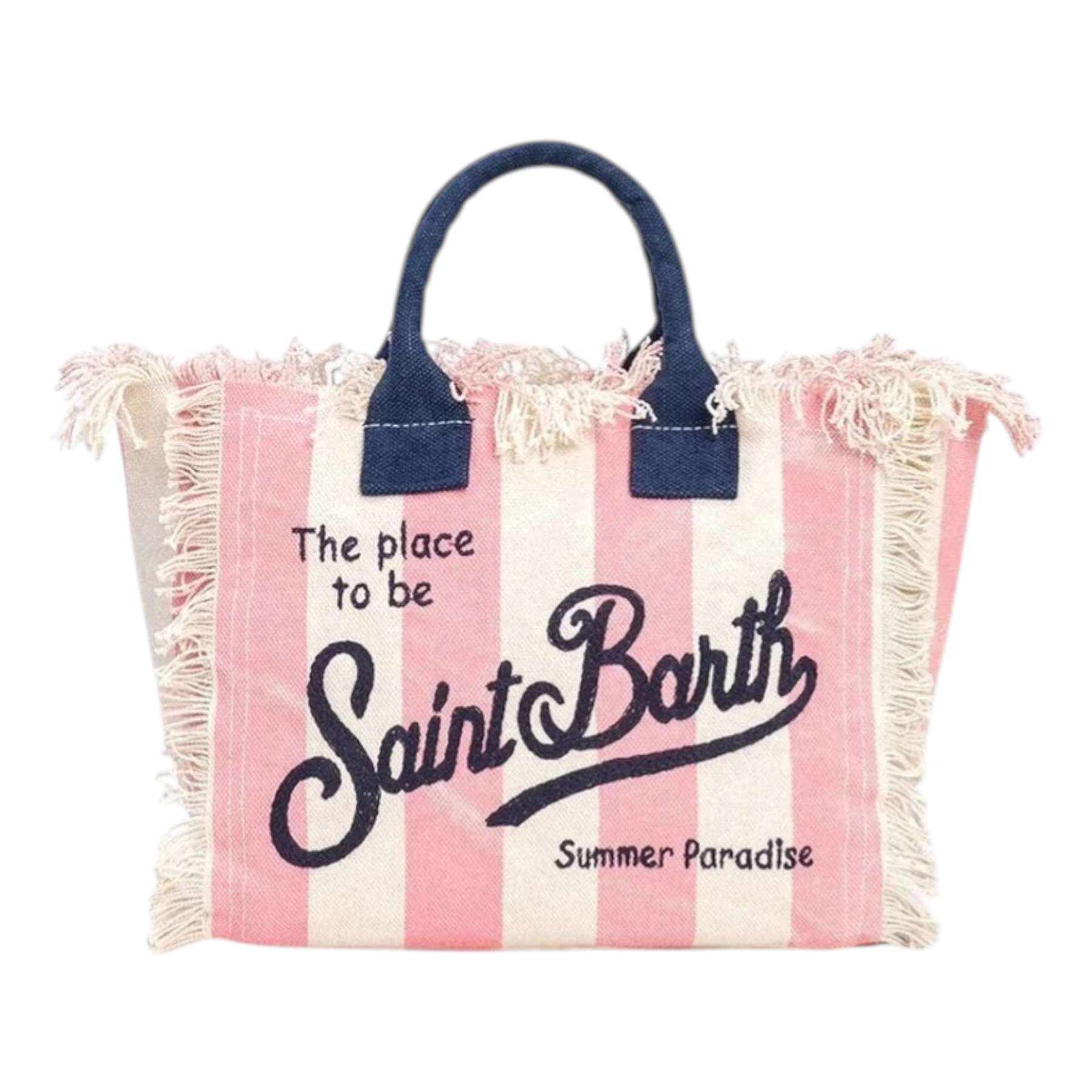 Borsa a spalla colette in canvas rosa a righe bianche con manici blu e scritta saint barth summer paradise