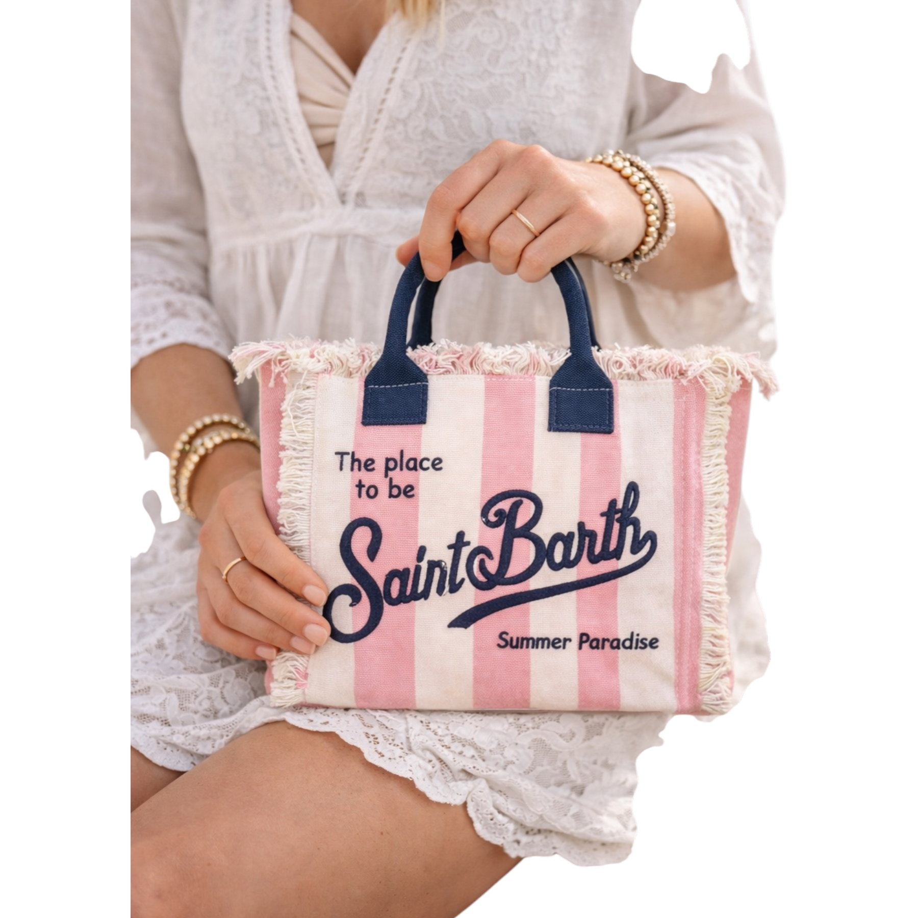 Borsa a spalla colette in canvas a righe rosa e bianco con manici blu navy e scritta saint barth summer paradise