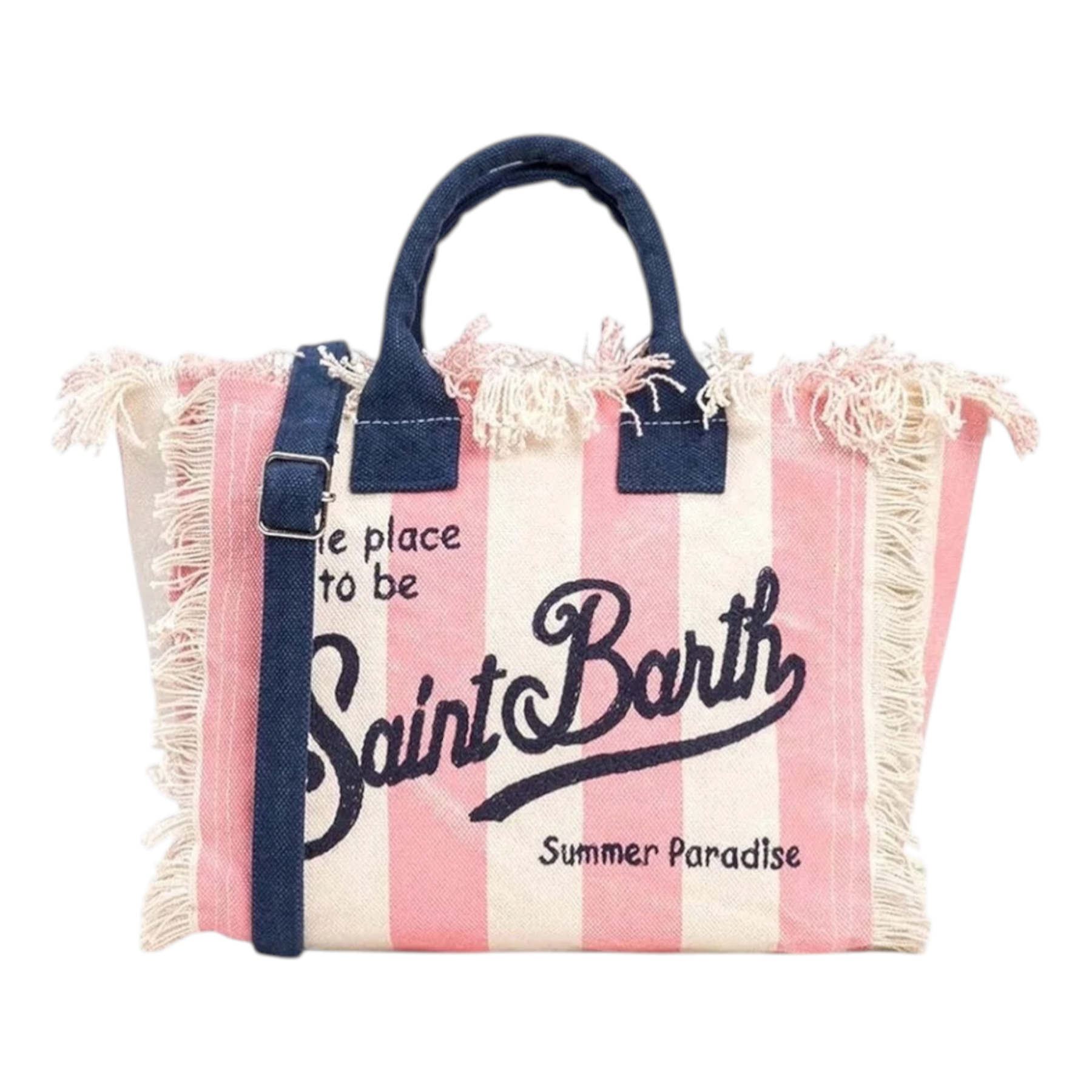 Borsa a spalla colette in canvas a righe rosa con manici blu navy e stampa saint barth summer paradise