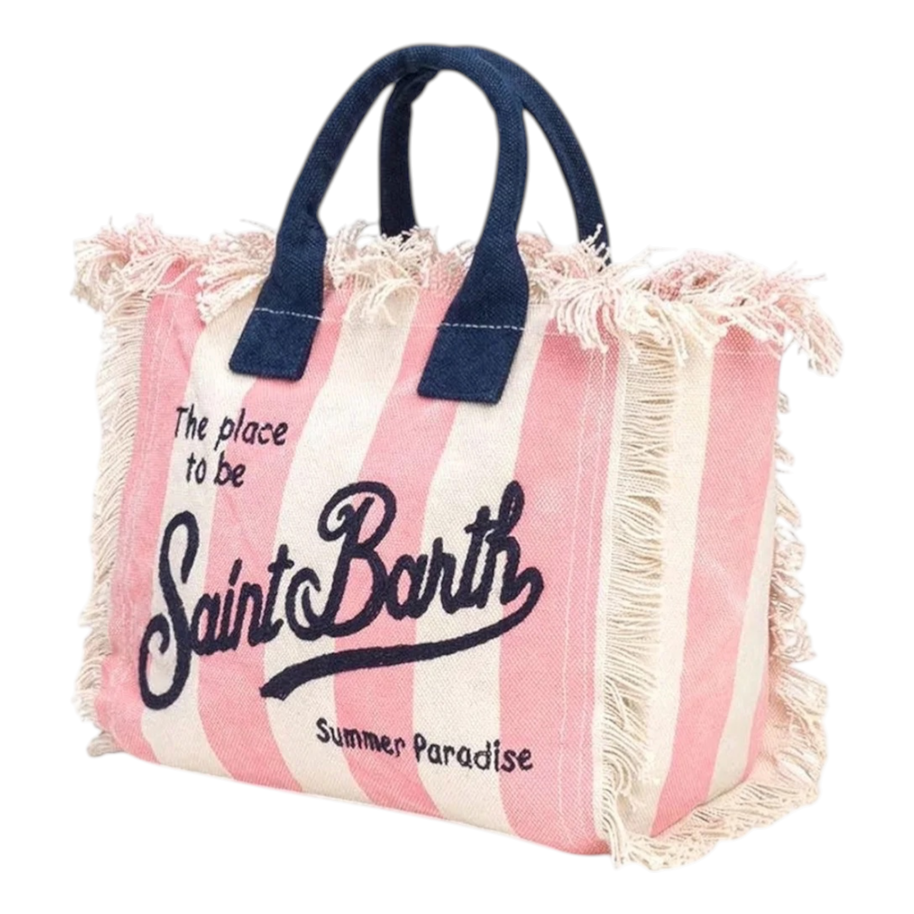 Borsa a spalla colette in canvas a righe rosa con manici blu navy e scritta saint barth summer paradise nera