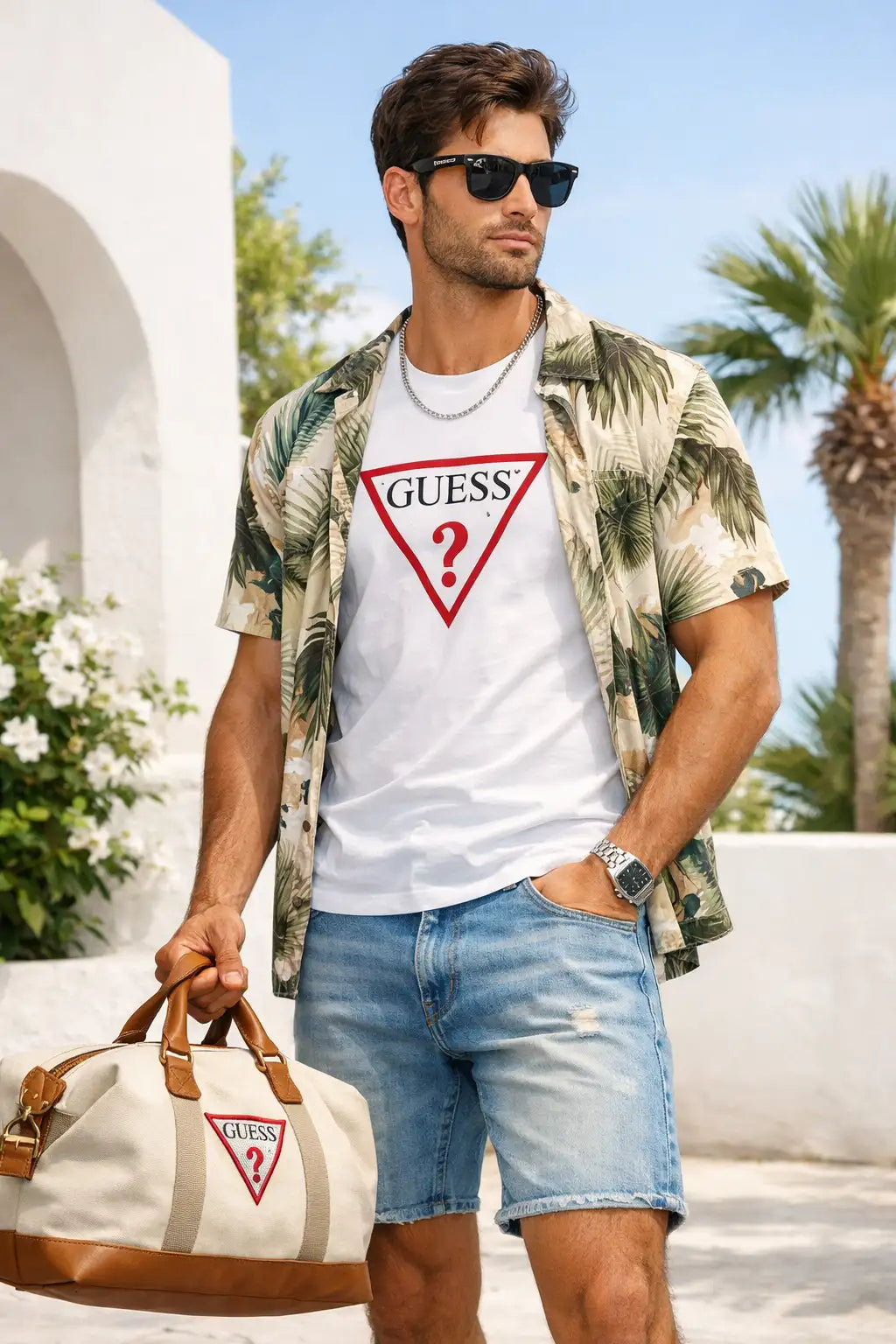 Borsa a tracolla Guess beige e marrone con logo triangolare rosso