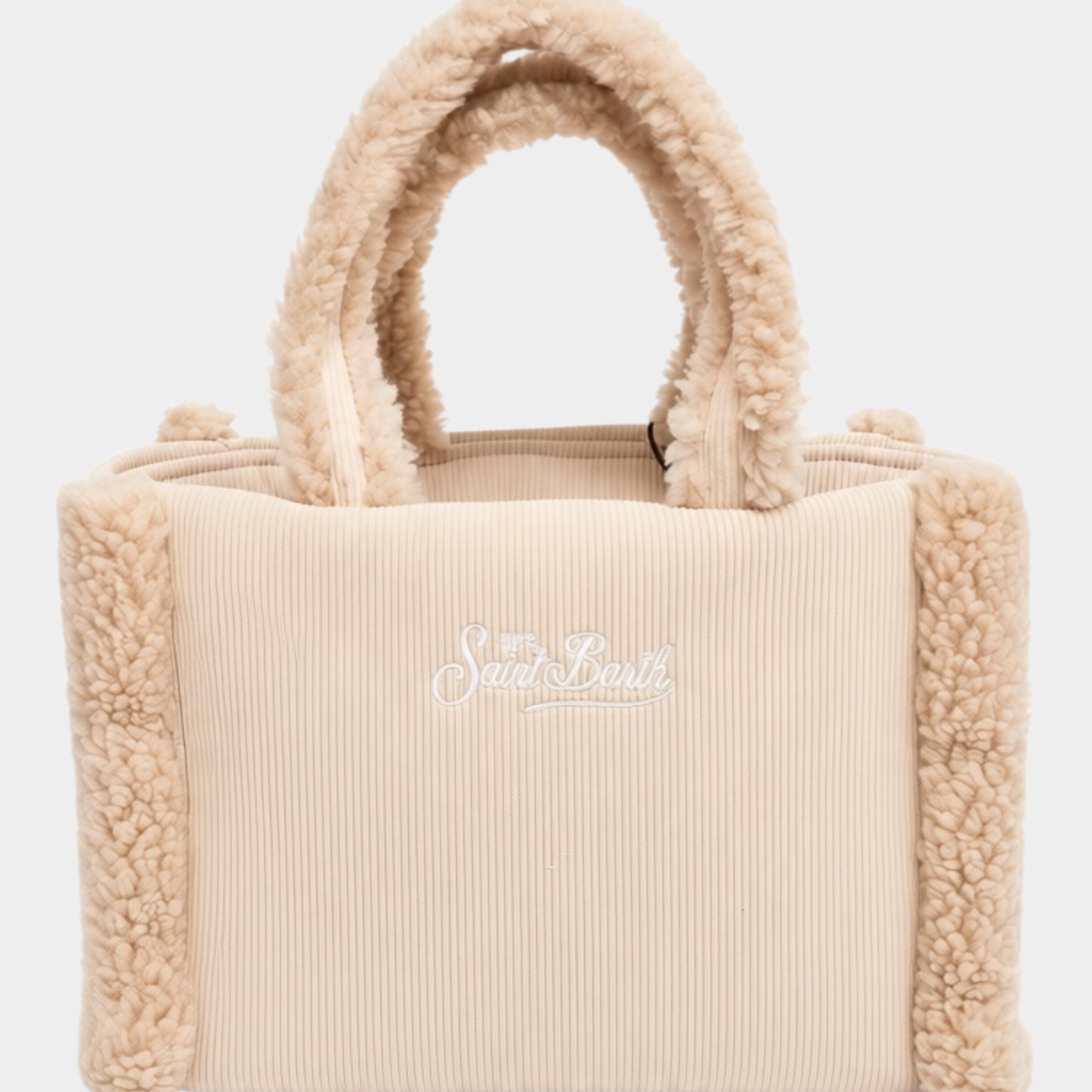 Borsa a mano Follower SRL Colette color avorio in velluto a coste con dettagli in morbido effetto shearling e logo