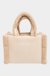 Borsa a mano Follower SRL Colette color avorio in velluto a coste con dettagli in morbido effetto shearling e logo